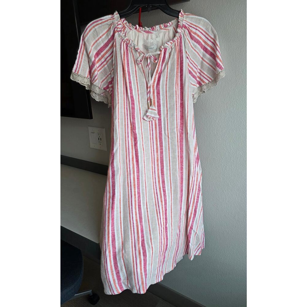 Nwt Linen Blend Pink Stripe Cupio Boho Tie Neck Raglan Sleeve Pocket Dress Small
